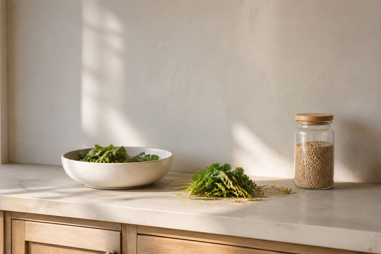 A quieter kitchen scene about shopping for real life instead of an imagined perfect week