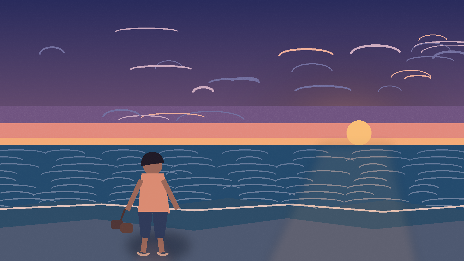 A traveler standing quietly at the shoreline during blue hour with open space around them