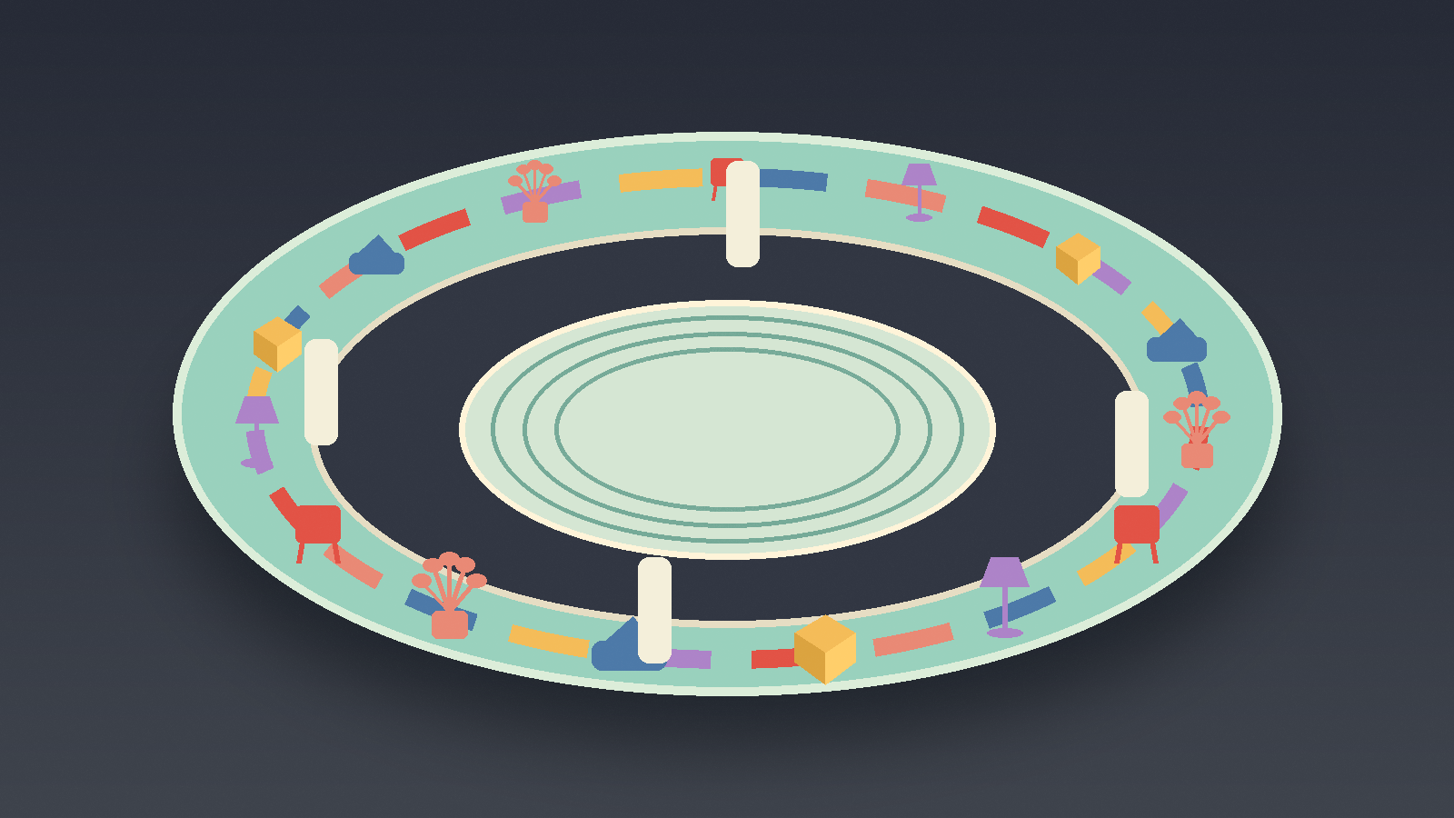 A circular track of recurring household objects surrounding a large open center